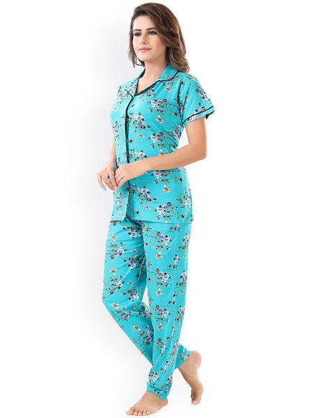 Be You Women Turquoise Blue & Green Printed Pajama & Shorts with Shirt Night Suits