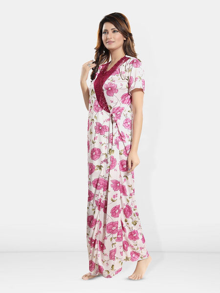 Be You Floral Printed 5 Pieces Satin Nightdress