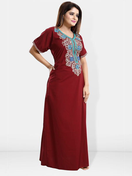 Be You Ethnic Motifs Embroidered Maxi Nightdress