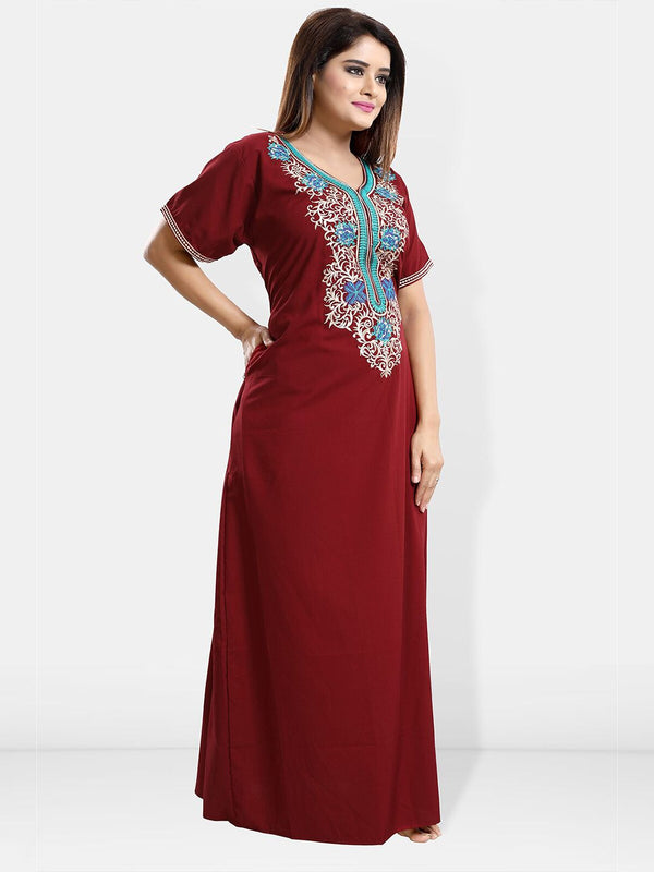 Be You Ethnic Motifs Embroidered Maxi Nightdress