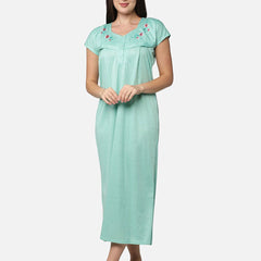 Be You Women Green Embroidered Maxi Maternity Nightdress