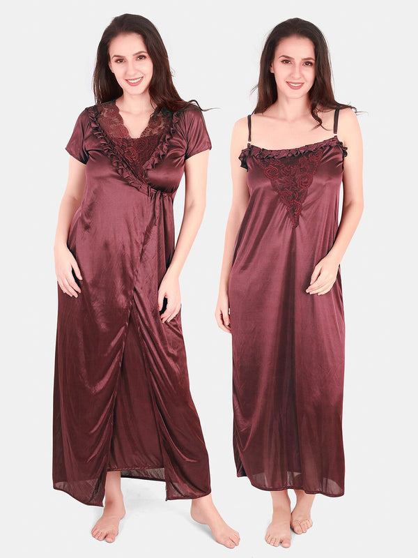 Be You Floral Lace Shoulder Straps Satin Maxi Nightdress With Robe