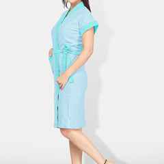 Be You Two-Tone Blue Solid Cotton Drawstring Knee Length Bath Robe