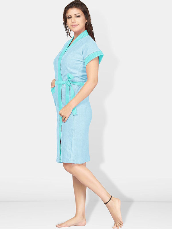 Be You Two-Tone Blue Solid Cotton Drawstring Knee Length Bath Robe