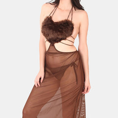 Be You Self Design Fur Detail Halter Neck Baby Doll & Briefs