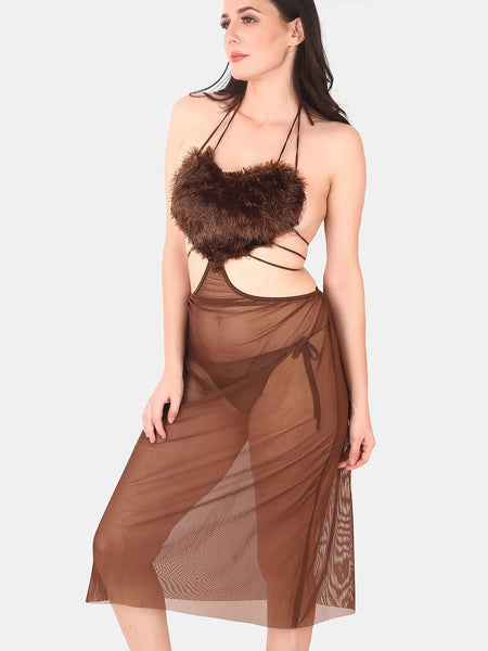 Be You Self Design Fur Detail Halter Neck Baby Doll & Briefs