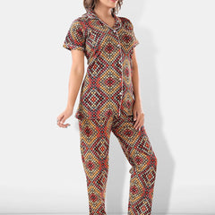 Be You Women Brown & Red Printed Pajama & Shorts with Shirt Night Suits
