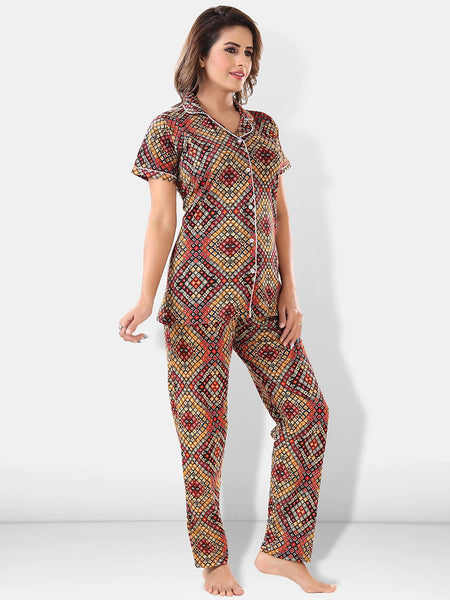 Be You Women Brown & Red Printed Pajama & Shorts with Shirt Night Suits