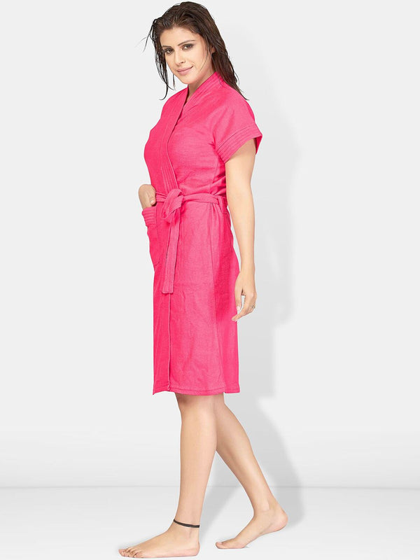 Be You Pink Solid Cotton Drawstring Knee Length Bath Robe-L/XL