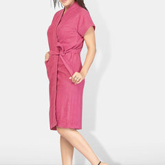 Be You Rose Solid Cotton Drawstring Knee Length Bath Robe-L/XL