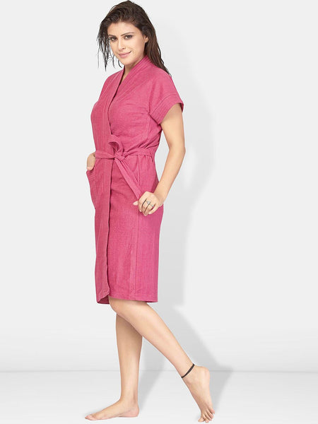 Be You Rose Solid Cotton Drawstring Knee Length Bath Robe-L/XL