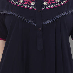 Be You Women Navy Blue Embroidered Maxi Nightdress