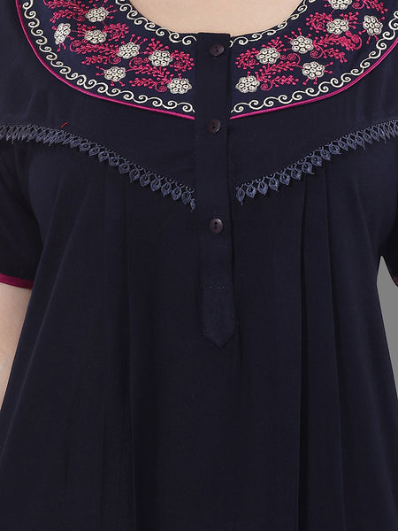 Be You Women Navy Blue Embroidered Maxi Nightdress