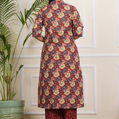 Be You Floral Printed Band Collar A-line Kurta With Palazzos
