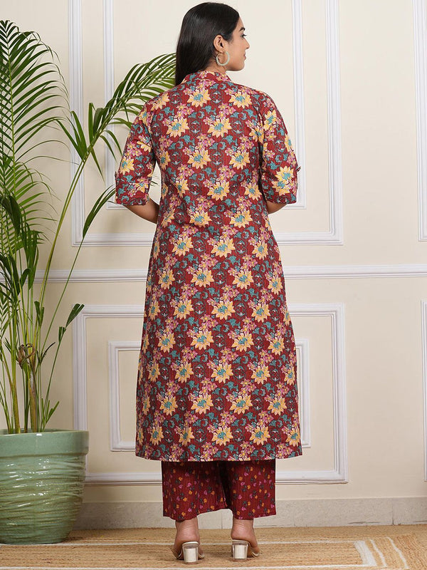 Be You Floral Printed Band Collar A-line Kurta With Palazzos