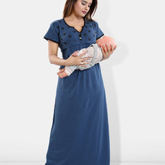 Be You Solid lace work Maternity Maxi Nightdress