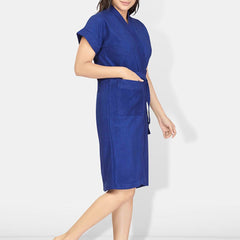 Be You Blue Solid Cotton Drawstring Knee Length Bath Robe-L/XL