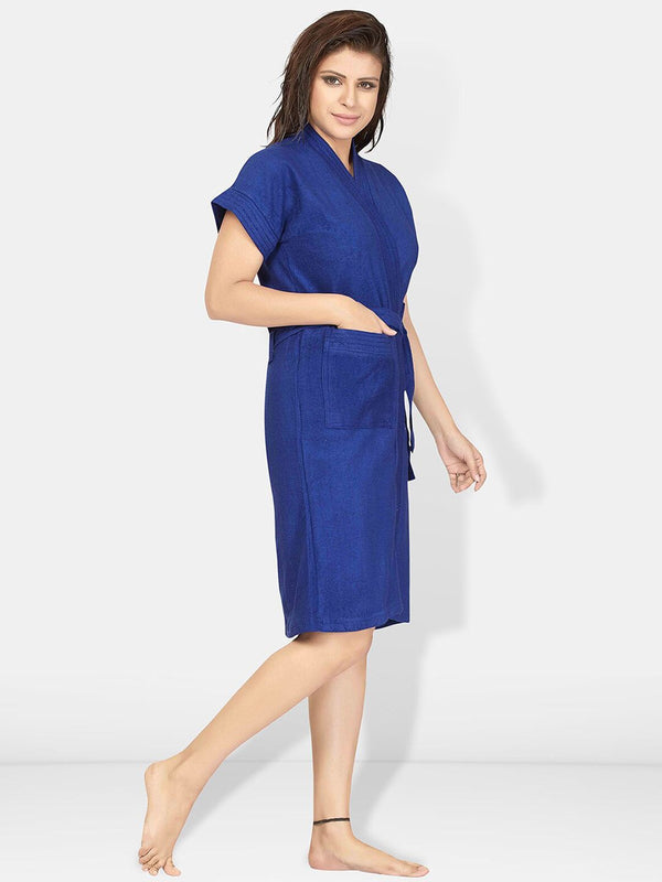 Be You Blue Solid Cotton Drawstring Knee Length Bath Robe-L/XL
