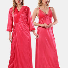 Be You V Neck Lace Up Details Satin Maxi Nightdress With Robe