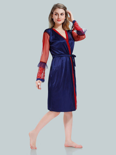 Be You Solid Lace Details Satin Nighty with Robe