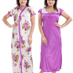 Be You Printed Round Neck Satin Maxi Nightdress With Robe