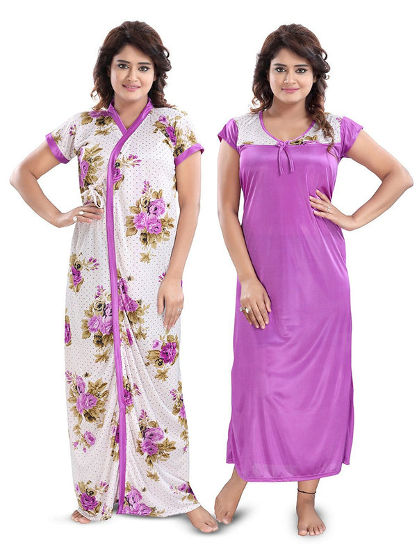 Be You Printed Round Neck Satin Maxi Nightdress With Robe