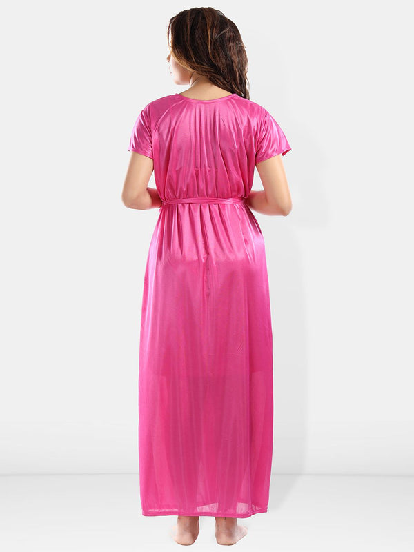 Be You Shoulder Straps Laced Nightdress With Satin Robe And Briefs
