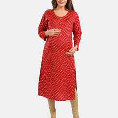 Be You Leheriya Printed Round Neck Maternity Straight Kurta