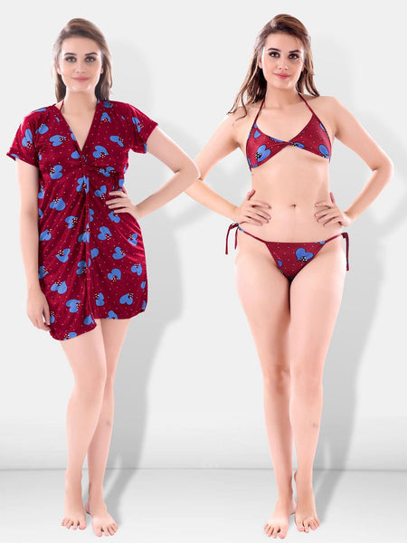 Be You Women Set of 3 Maroon Printed Nightdress