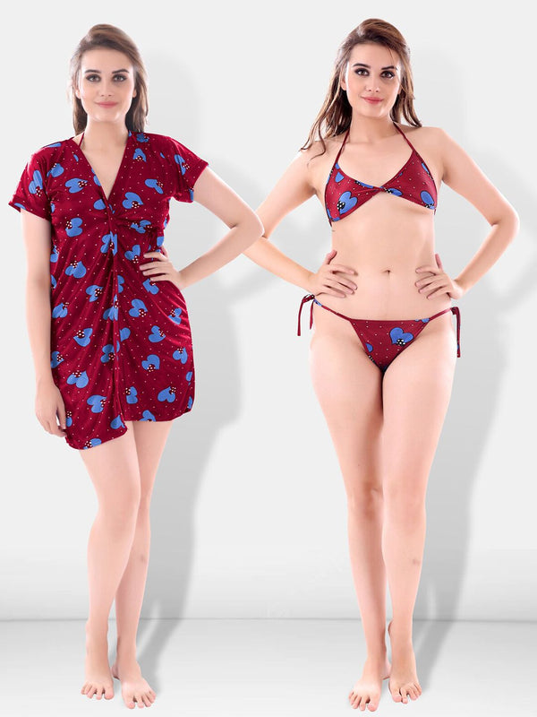 Be You Women Set of 3 Maroon Printed Nightdress