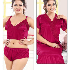 Be You Magenta Maxi Satin 3 Piece Nightdress