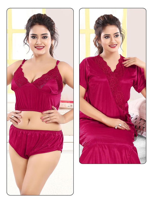 Be You Magenta Maxi Satin 3 Piece Nightdress