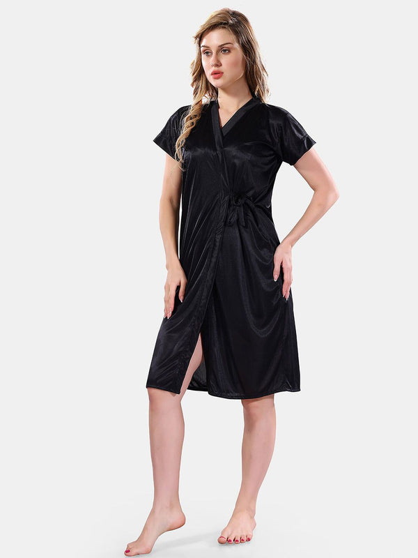 Be You Solid Lace Details Satin Nighty with Robe