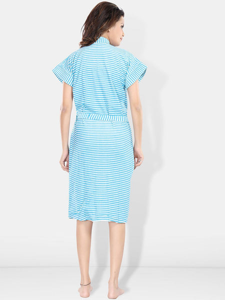 Be You Blue Striped Cotton Drawstring Knee Length Bath Robe-2XL