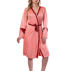 Be You Solid Lace Details Satin Nighty with Robe