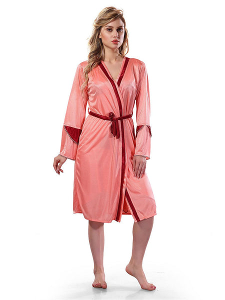 Be You Solid Lace Details Satin Nighty with Robe