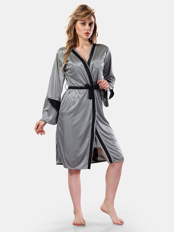 Be You Solid Lace Details Satin Nighty with Robe