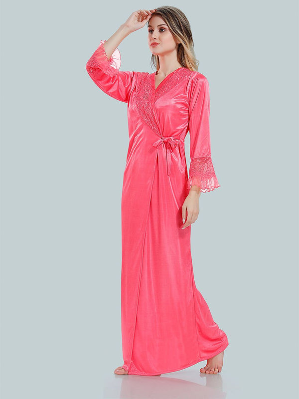 Be You V-Neck Lace Up Details Satin Maxi Nightdress With Robe