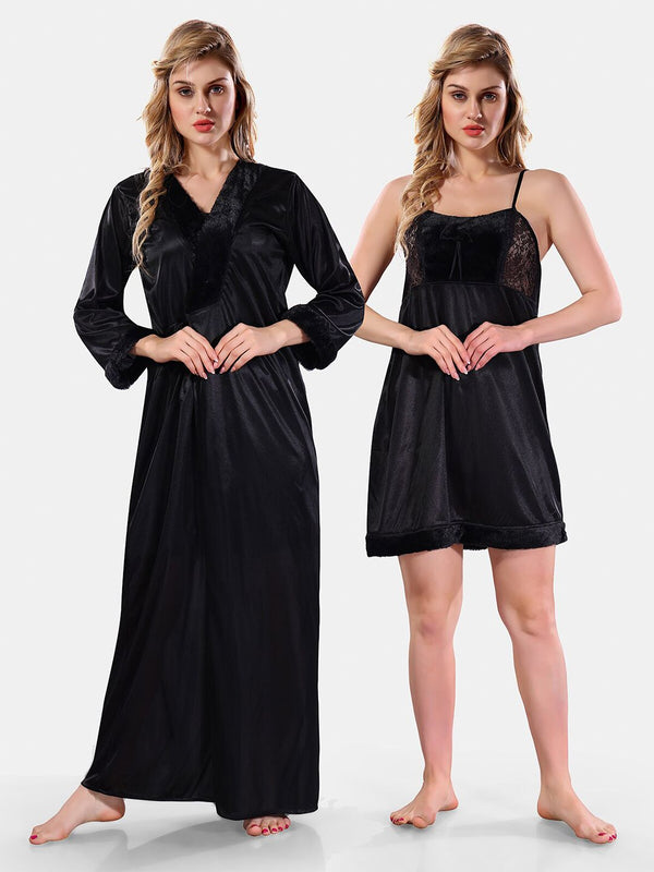 Be You Square Neck Lace Up Details Satin Maxi Nightdress With Robe
