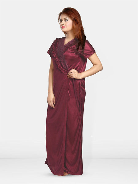 Be You Women Self Design Maxi Nightdress with Robe