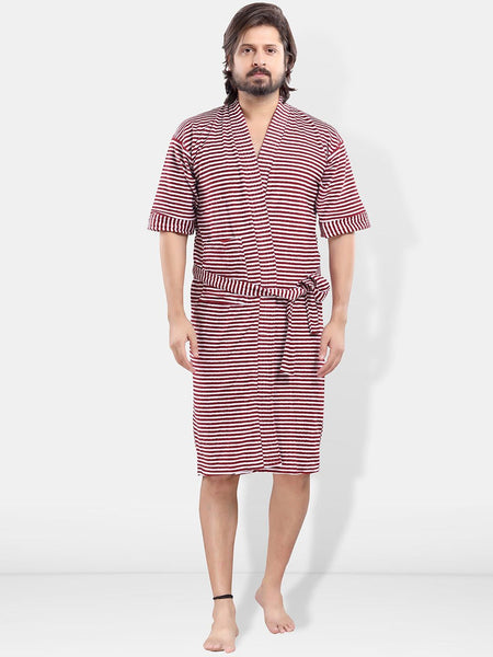 Be You Maroon Striped Cotton Drawstring Knee Length Bath Robe-3XL