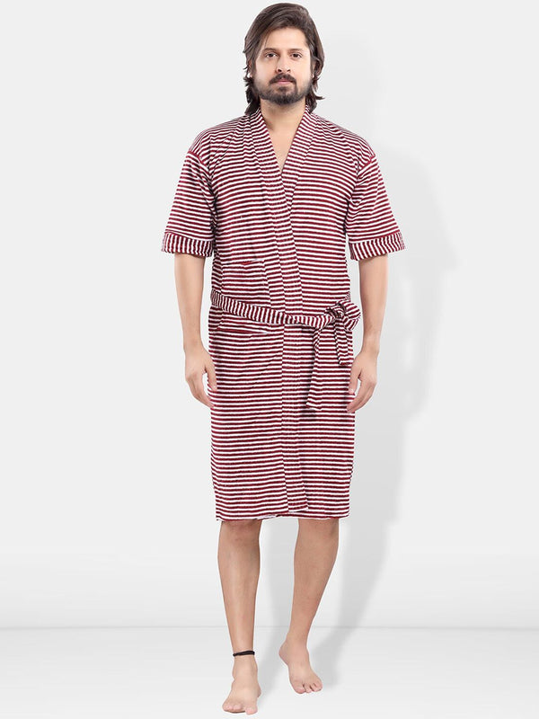 Be You Maroon Striped Cotton Drawstring Knee Length Bath Robe-3XL