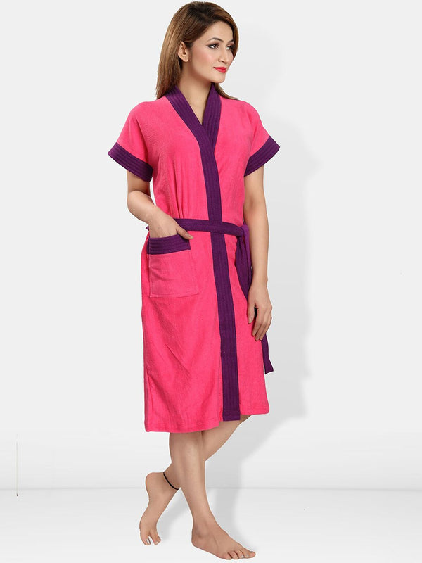 Be You Pink Solid Cotton Drawstring Knee Length Bath Robe