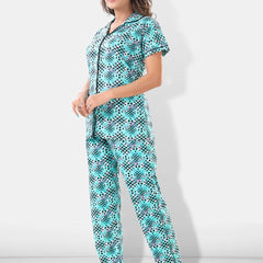Be You Women Turquoise Blue & Black Printed Pajama & Shorts with Shirt Night Suits