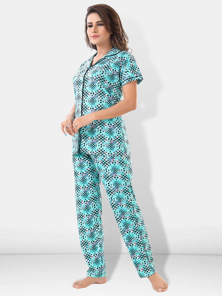 Be You Women Turquoise Blue & Black Printed Pajama & Shorts with Shirt Night Suits