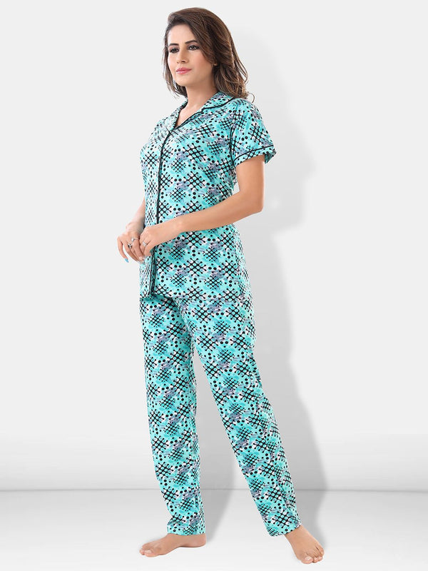 Be You Women Turquoise Blue & Black Printed Pajama & Shorts with Shirt Night Suits