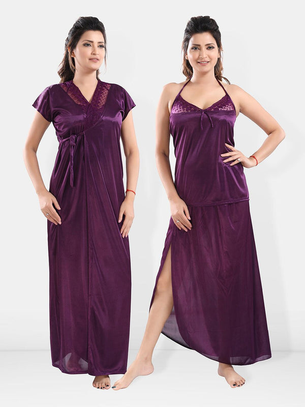 Be You V-Neck Satin Lace Night Suit With Robe