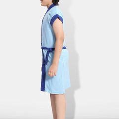 Be You Two-Tone Blue Solid Cotton Drawstring Knee Length Bath Robe