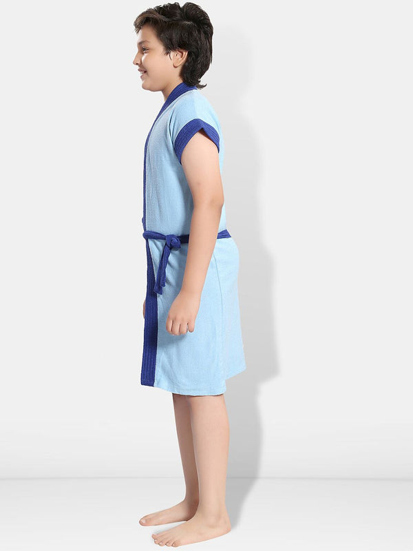 Be You Two-Tone Blue Solid Cotton Drawstring Knee Length Bath Robe
