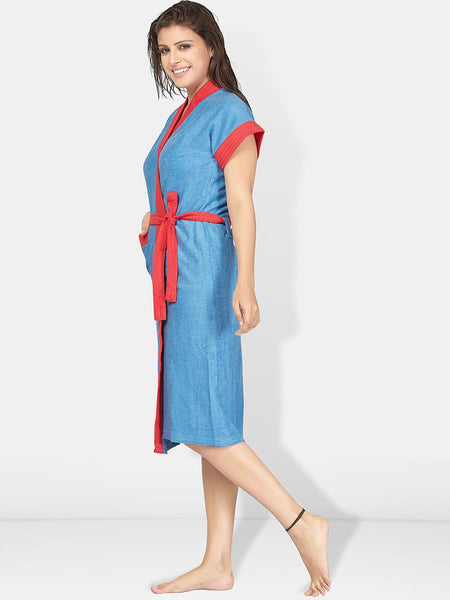 Be You Blue Solid Cotton Drawstring Knee Length Bath Robe